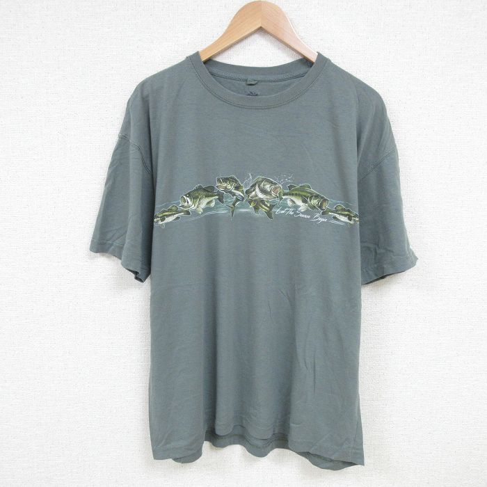 XL★古着 半袖 Tシャツ メンズ 魚 大きいサイズ クルーネック 薄緑 グリーン 霜降り 25jun24 中古