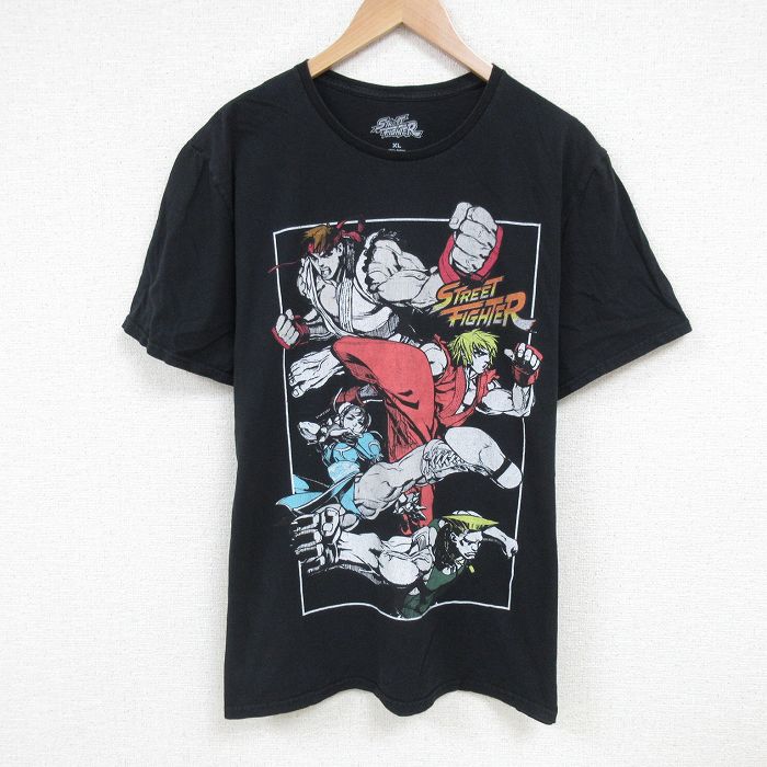 XL★古着 半袖 Tシャツ メンズ ストリートファイター コットン クルーネック 黒 ブラック 25jun24 中古