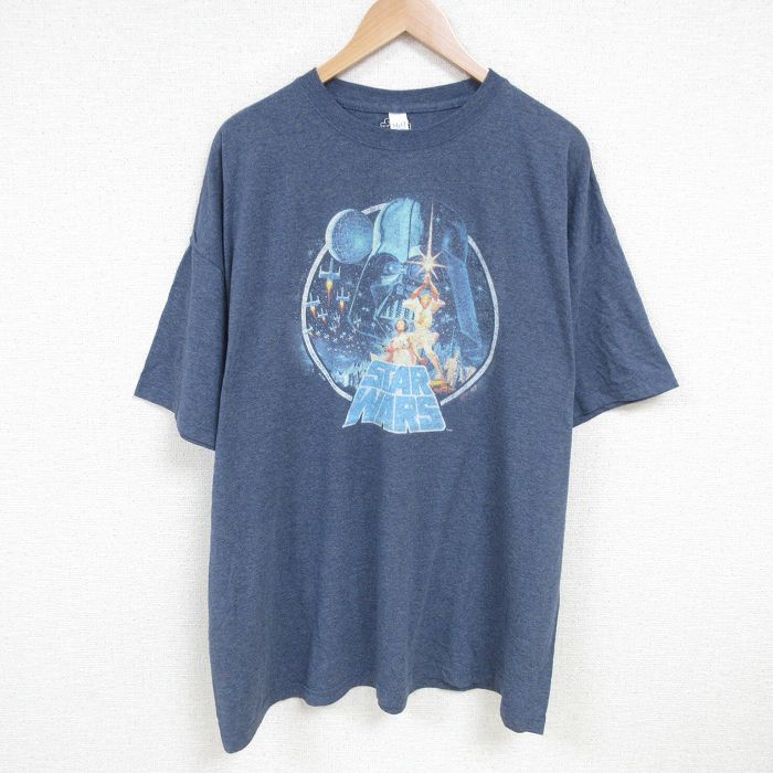 XL★古着 半袖 Tシャツ メンズ スターウォーズ STAR WARS ダースベイダー 大きいサイズ クルーネック 薄紺 ネイビー 霜降り 25jun24 中古