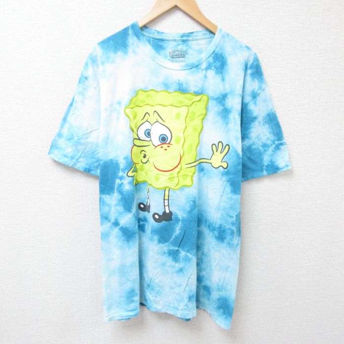 XL★古着 半袖 Tシャツ メンズ アニメ ニコロデン スポンジボブ 大きいサイズ コットン クルーネック 水色他 タイダイ 25jun24 中古