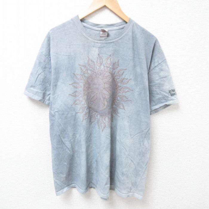 【20%OFF】XL★古着 半袖 Tシャツ メンズ 太陽 月 大きいサイズ コットン クルーネック グレー他 タイダイ 25jun24 中古