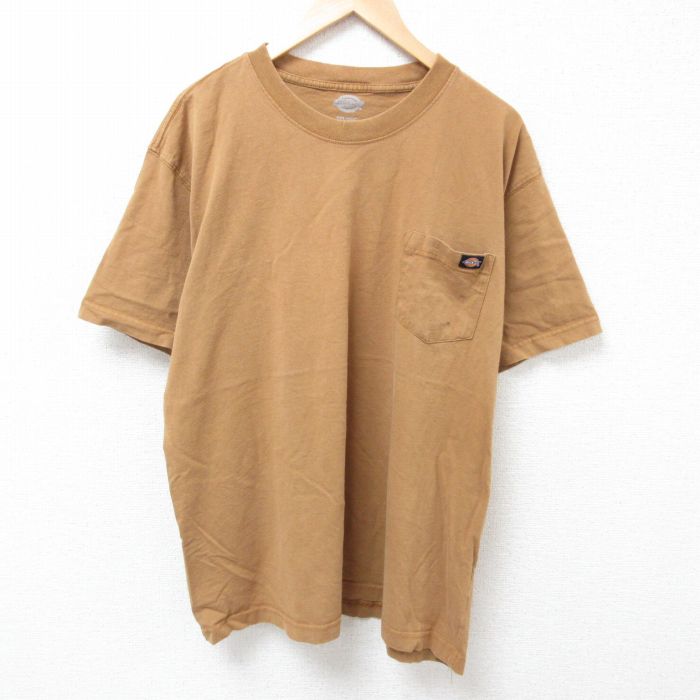 XL★古着 ディッキーズ Dickies 半袖 Tシャツ メンズ 胸ポケット付き 大きいサイズ コットン クルーネック 茶 ブラウン 25jun24 中古