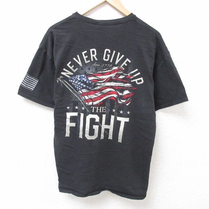 XL★古着 半袖 Tシャツ メンズ 星条旗 コットン クルーネック 黒 ブラック 25jun24 中古