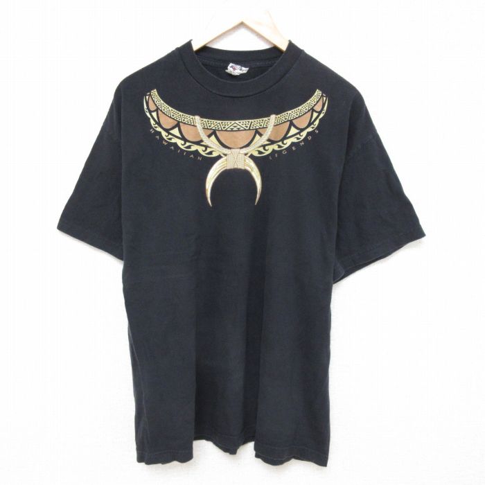 XL★古着 半袖 Tシャツ メンズ ハワイアン コットン クルーネック 黒 ブラック 25jun24 中古