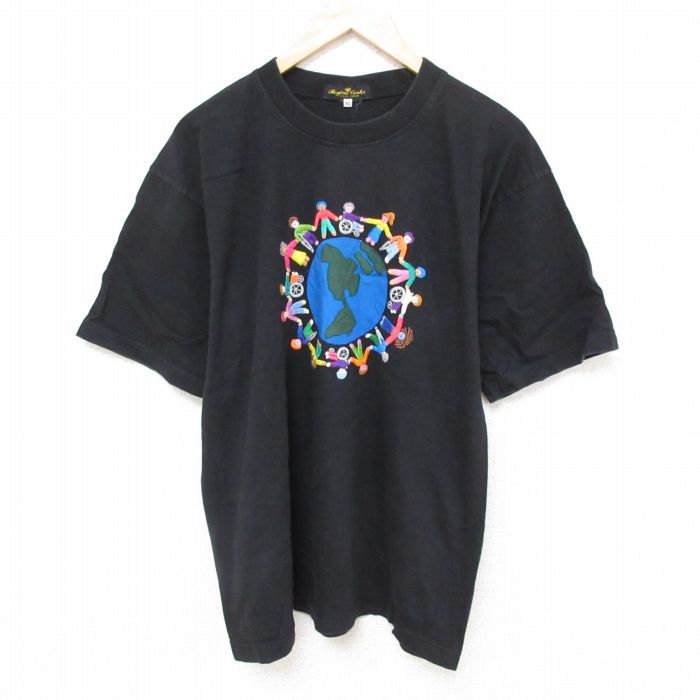 XL★古着 半袖 Tシャツ メンズ 地球 刺繍 クルーネック 黒 ブラック 25jun27 中古