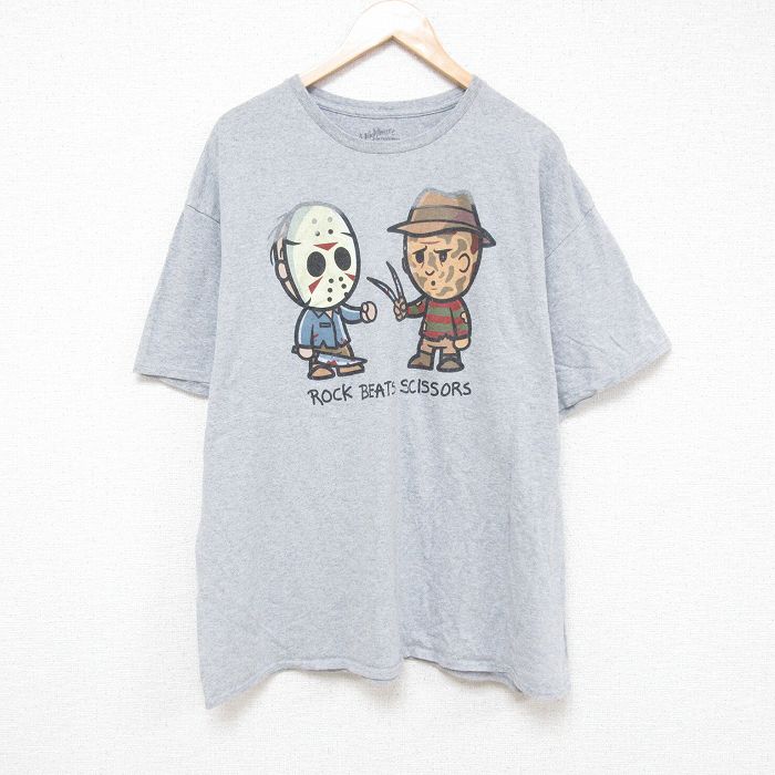 XL★古着 半袖 Tシャツ メンズ ホラー映画 エルム街の悪夢 フレディ ジェイソン 大きいサイズ クルーネック グレー 霜降り 【spe】 25jun26 中古