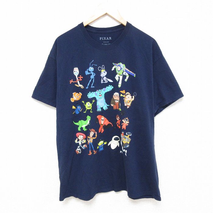 XL★古着 半袖 Tシャツ メンズ ディズニー DISNEY ピクサー トイストーリー ミスターインクレディブル コットン クルーネック 紺 ネイビー 25jun26 中古