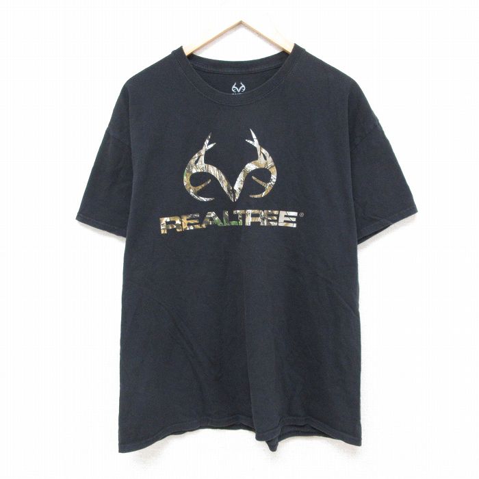 【50%OFF】XL★古着 半袖 Tシャツ メンズ リアルツリー コットン クルーネック 黒 ブラック 25jun26 中古