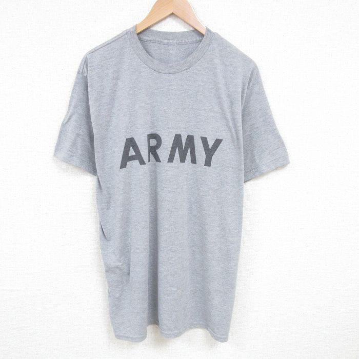 XL★古着 半袖 Tシャツ メンズ ミリタリー アーミー ARMY リフレクター 大きいサイズ ロング丈 クルーネック グレー 霜降り 25jun27 中古