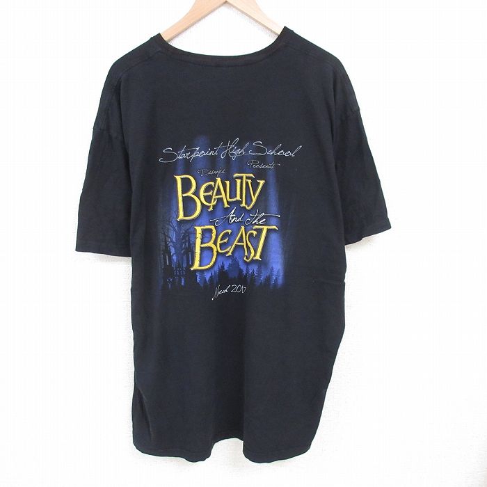 【20%OFF】XL★古着 半袖 Tシャツ メンズ ディズニー DISNEY 美女と野獣 大きいサイズ ロング丈 コットン クルーネック 黒 ブラック 25jun27 中古