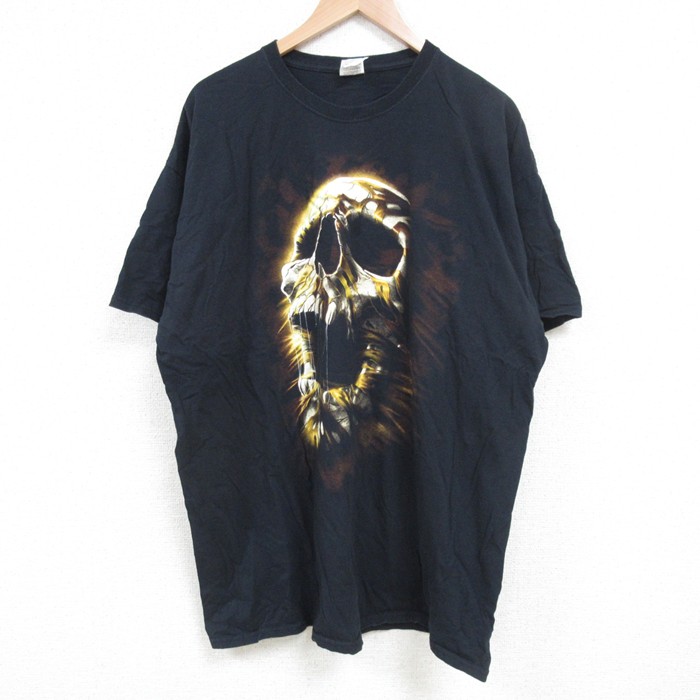 XL★古着 フルーツオブザルーム 半袖 Tシャツ メンズ スカル 大きいサイズ コットン クルーネック 黒 ブラック 25jun27 中古
