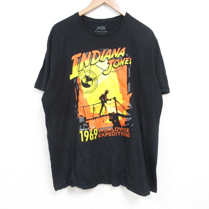 XL★古着 半袖 Tシャツ メンズ 映画 インディジョーンズ きいサイズ コットン クルーネック 黒 ブラック 【spe】 25jun27 中古