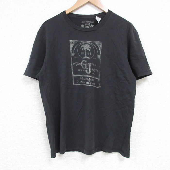 L★古着 ゲス GUESS 半袖 ブランド Tシャツ メンズ ヤシの木 コットン クルーネック 黒 ブラック 25jun27 中古