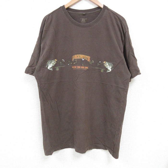 L★古着 半袖 Tシャツ メンズ 魚 コットン クルーネック 茶 ブラウン 25jun27 中古