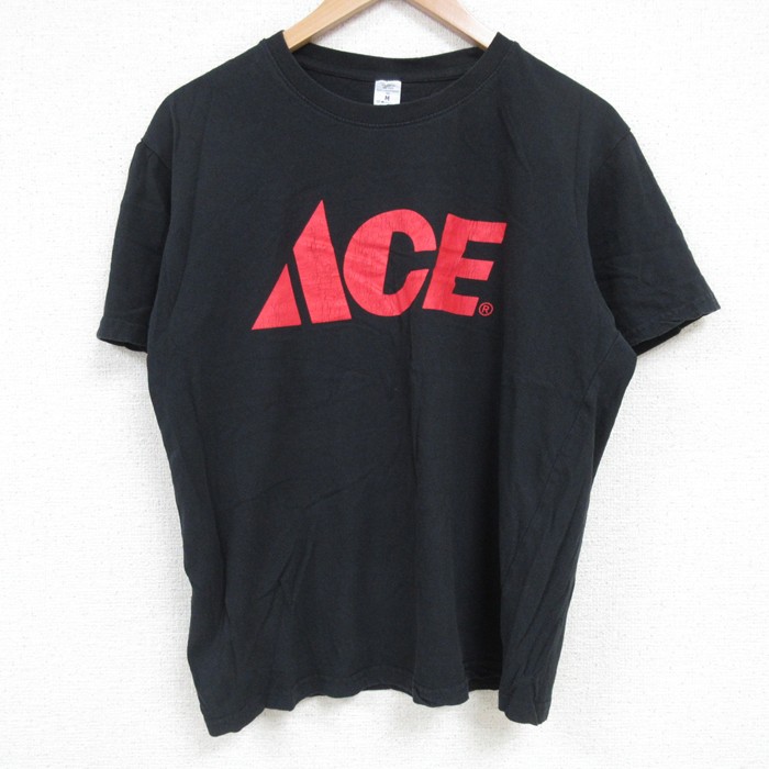M★古着 半袖 Tシャツ メンズACE クルーネック 黒 ブラック 25jun27 中古 メンズ