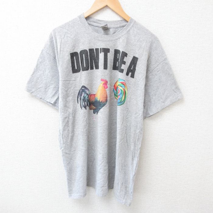 XL★古着 半袖 Tシャツ メンズ ニワトリ 大きいサイズ クルーネック グレー 霜降り 25jun28 中古