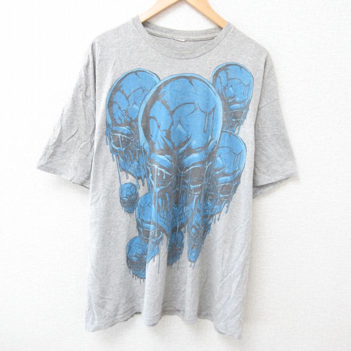 XL★古着 半袖 Tシャツ メンズ スカル 大きいサイズ クルーネック グレー 霜降り 25jun28 中古