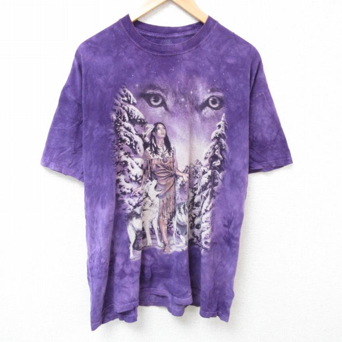 XL★古着 半袖 Tシャツ メンズ インディアン 女性 大きいサイズ コットン クルーネック 紫他 パープル タイダイ 25jun28 中古