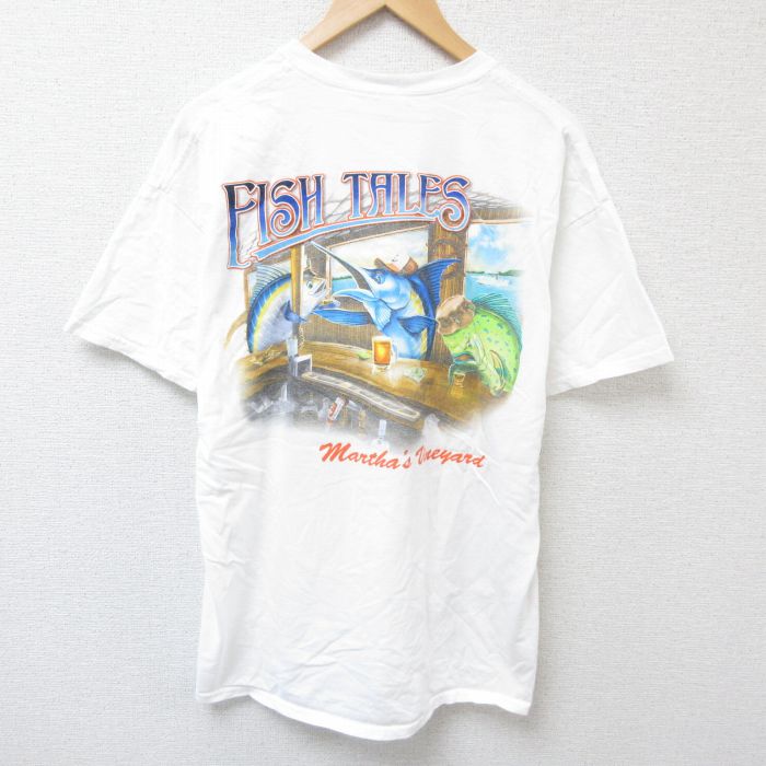XL★古着 半袖 Tシャツ メンズ 魚 コットン クルーネック 白 ホワイト 25jun28 中古