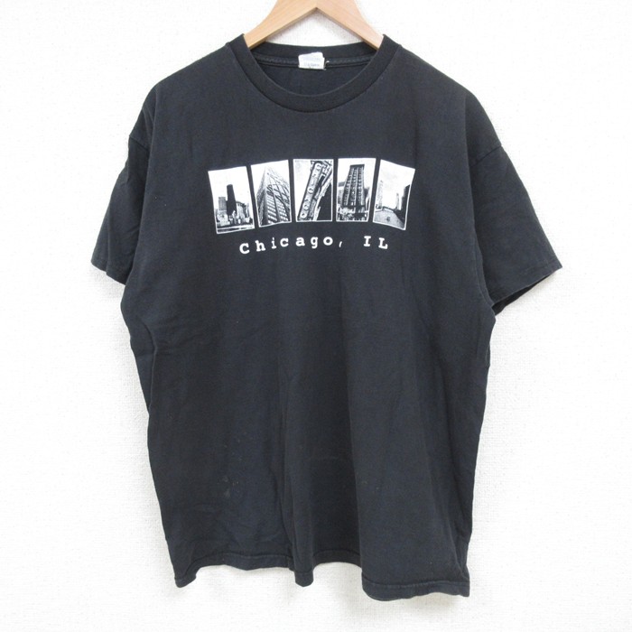 XL★古着 半袖 Tシャツ メンズ シカゴ コットン クルーネック 黒 ブラック 25jun28 中古