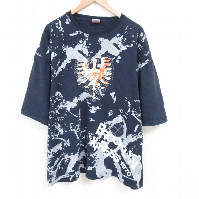 XL★古着 半袖 Tシャツ メンズ 鳥 大きいサイズ コットン クルーネック 紺 ネイビー 25jun28 中古