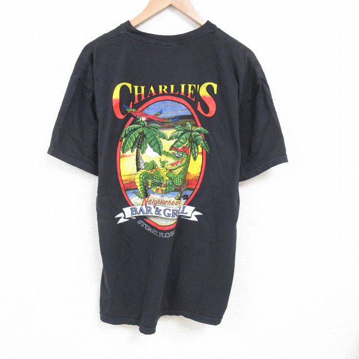 XL★古着 半袖 Tシャツ メンズ ワニ 胸ポケット付き 大きいサイズ コットン クルーネック 黒 ブラック 25jun28 中古