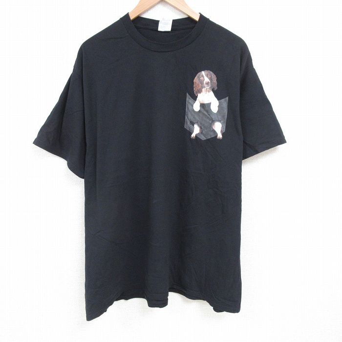 XL★古着 半袖 Tシャツ メンズ 犬 大きいサイズ コットン クルーネック 黒 ブラック 25jun28 中古