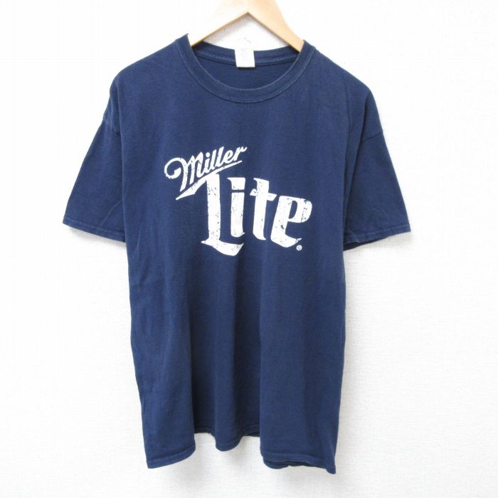 XL★古着 半袖 Tシャツ メンズ ミラーライト コットン クルーネック 紺 ネイビー 25jul02 中古