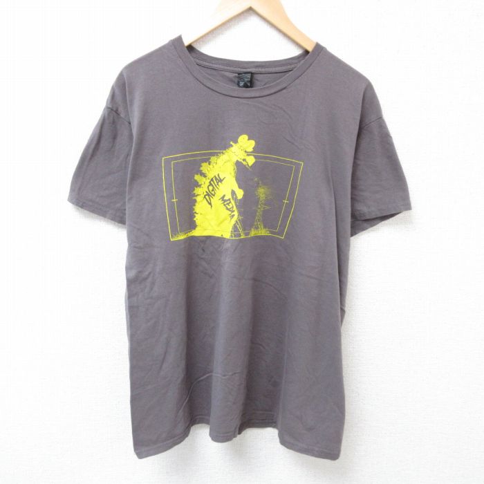 XL★古着 ヘインズ Hanes 半袖 Tシャツ メンズ デジタルメディア 大きいサイズ クルーネック 濃グレー 25jul02 中古