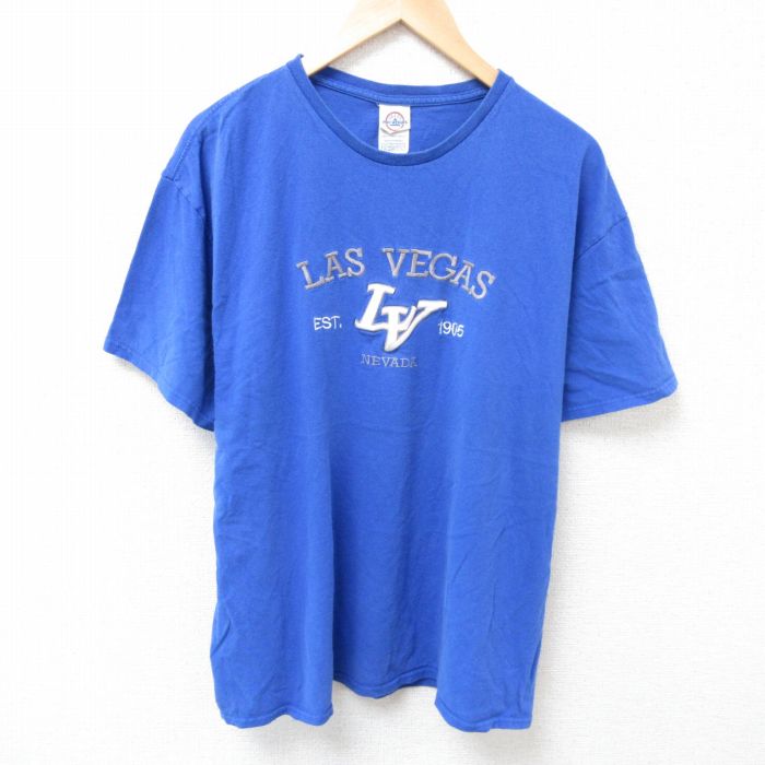 XL★古着 半袖 Tシャツ メンズ ラスベガス 刺繍 コットン クルーネック 青 ブルー 25jul02 中古