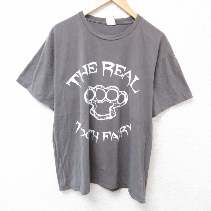 XL★古着 半袖 Tシャツ メンズ ナックル コットン クルーネック 濃グレー 25jul02 中古