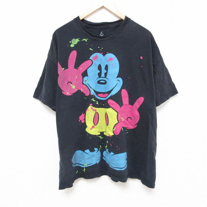 XL★古着 ヘインズ Hanes 半袖 Tシャツ メンズ ディズニー DISNEY ミッキー MICKEY MOUSE 大きいサイズ コットン クルーネック 黒 ブラック 25jul03 中古