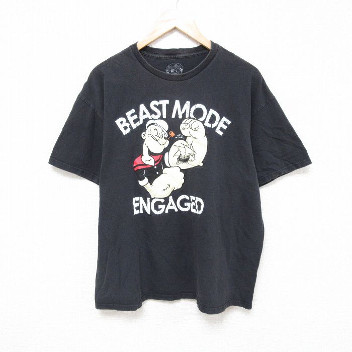 XL★古着 半袖 Tシャツ メンズ ポパイ コットン クルーネック 黒 ブラック 25jul03 中古