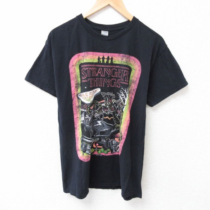 L★古着 半袖 Tシャツ メンズ ドラマ ストレンジャーシングス コットン クルーネック 黒 ブラック 25jul03 中古