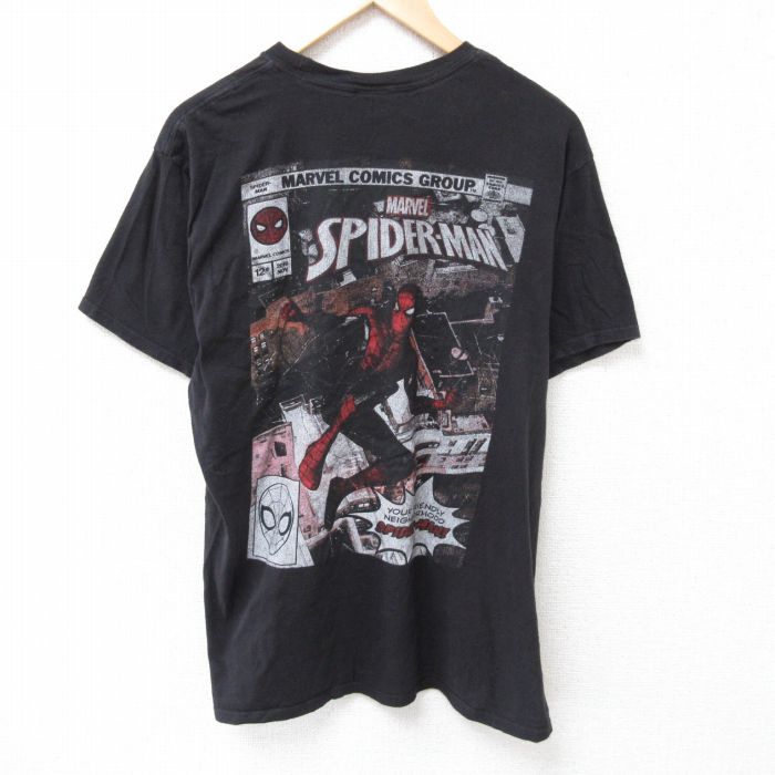 【20%OFF】XL★古着 半袖 Tシャツ メンズ マーベル スパイダーマン コットン クルーネック 黒 ブラック 25jul03 中古