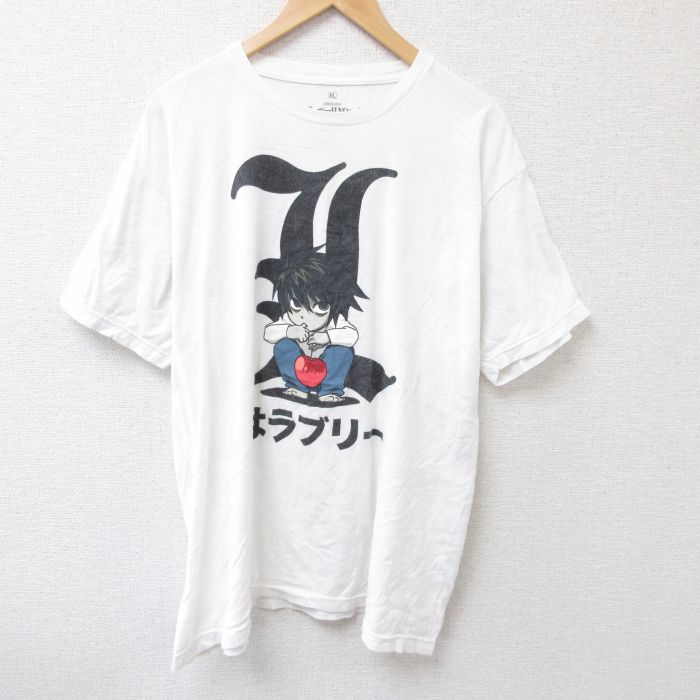 XL★古着 リップルジャンクション 半袖 Tシャツ メンズ アニメ デスノート スカル 大きいサイズ コットン クルーネック 白 ホワイト 25jul03 中古
