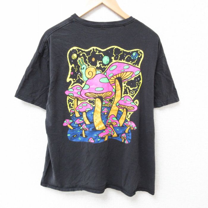 【20%OFF】XL★古着 半袖 Tシャツ メンズ キノコ コットン クルーネック 黒 ブラック 25jul03 中古