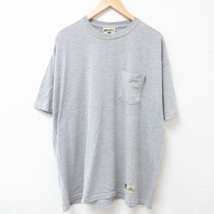 XL★古着 ラッセル 半袖 Tシャツ メンズ 無地 胸ポケット付き 大きいサイズ クルーネック グレー 霜降り 【spe】 25jul04 中古