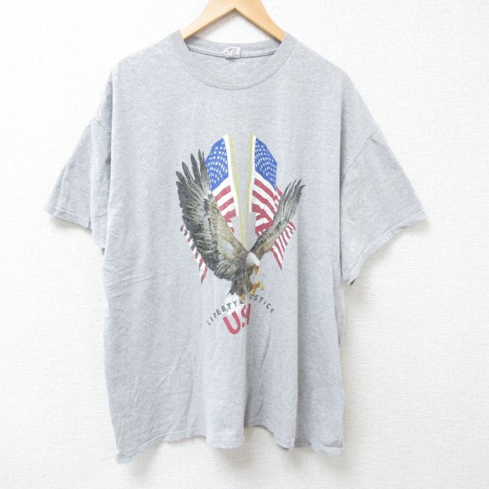 XL★古着 半袖 Tシャツ メンズ 鳥 大きいサイズ クルーネック グレー 霜降り 25jul04 中古