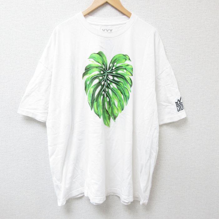 XL★古着 半袖 Tシャツ メンズ 葉 大きいサイズ クルーネック 白 ホワイト 25jul04 中古