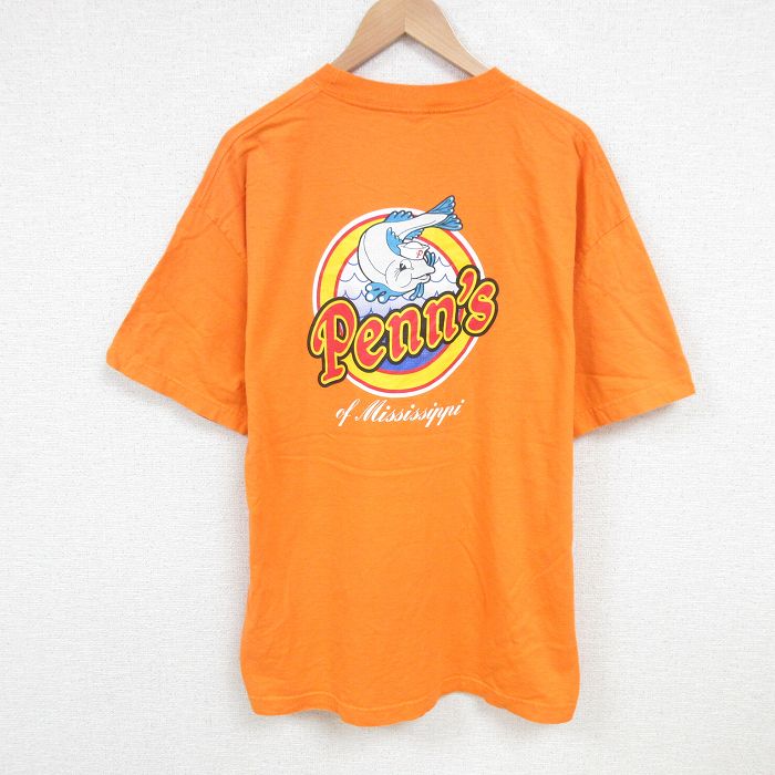 XL★古着 半袖 Tシャツ メンズ 魚 コットン クルーネック オレンジ 25jul04 中古