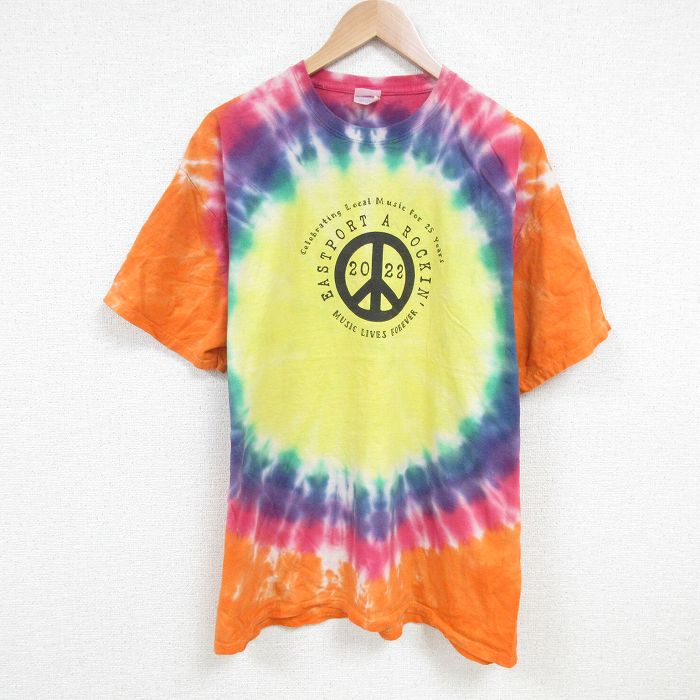 XL★古着 半袖 Tシャツ メンズ ピースマーク 大きいサイズ コットン クルーネック 黄 イエロー タイダイ 25jul04 中古