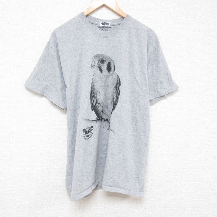 XL★古着 半袖 Tシャツ メンズ 鳥 大きいサイズ クルーネック グレー 霜降り 25jul07 中古