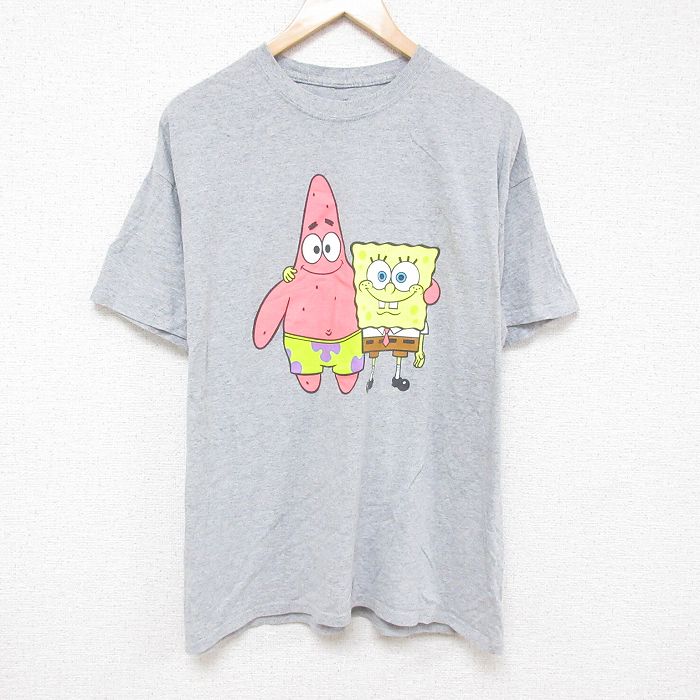 XL★古着 半袖 Tシャツ メンズ アニメ ニコロデン スポンジボブ 大きいサイズ クルーネック グレー 霜降り 25jul07 中古