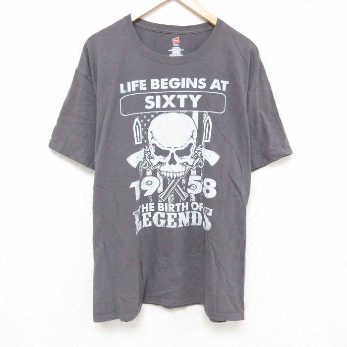 XL★古着 ヘインズ Hanes 半袖 Tシャツ メンズ スカル 大きいサイズ コットン クルーネック グレー 25jul07 中古