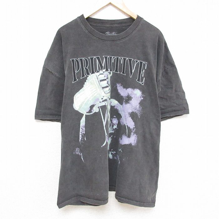 XL★古着 半袖 Tシャツ メンズ 死神 大きいサイズ コットン クルーネック 濃グレー 25jul07 中古