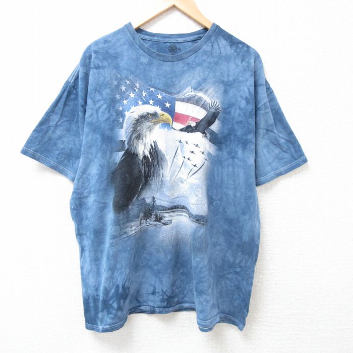 XL★古着 半袖 Tシャツ メンズ 鳥 大きいサイズ コットン クルーネック 薄紺他 ネイビー タイダイ 25jul05 中古
