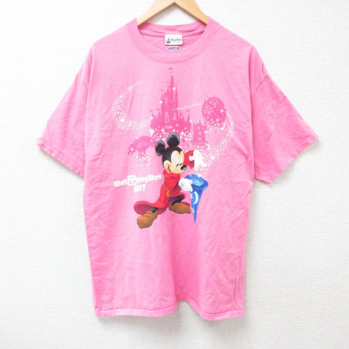 XL★古着 ヘインズ Hanes 半袖 Tシャツ メンズ ディズニー DISNEY ミッキー MICKEY MOUSE コットン クルーネック ピンク 25jul05 中古