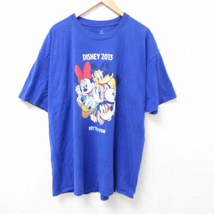 XL★古着 ヘインズ Hanes 半袖 Tシャツ メンズ ディズニー DISNEY ミッキー MICKEY MOUSE ミニー 大きいサイズ コットン クルーネック 青 ブルー 25jul05 中古