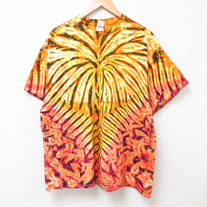 XL★古着 半袖 Tシャツ メンズ 大きいサイズ コットン クルーネック オレンジ他 タイダイ 25jul05 中古